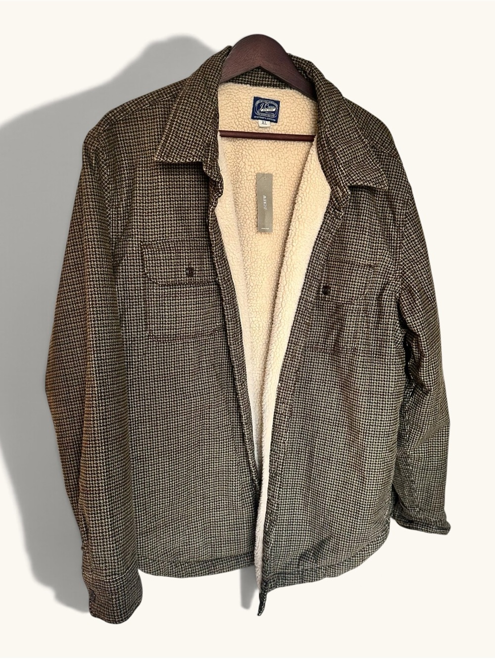 NWT J.Crew Men's Sherpa Lined Corduroy Shirt Jacket Brown Houndstooth XL